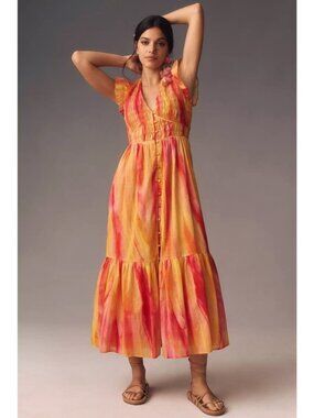 Anthropologie The Peregrine Midi Dress / Size XS / Pink Combo Smocked